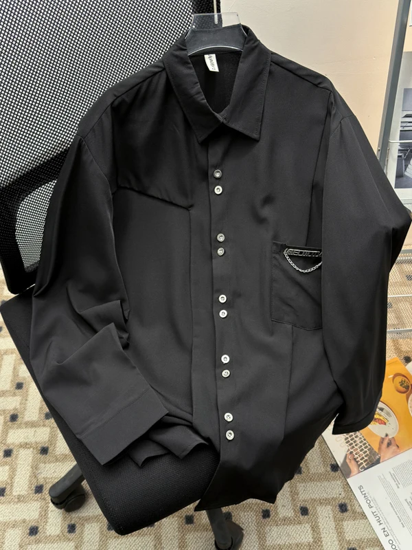 Loose Fit Metal Button Decorative Shirt Men's  Color Casual Popular Design Drapey White Shirt Youth Spring Long Sleeve