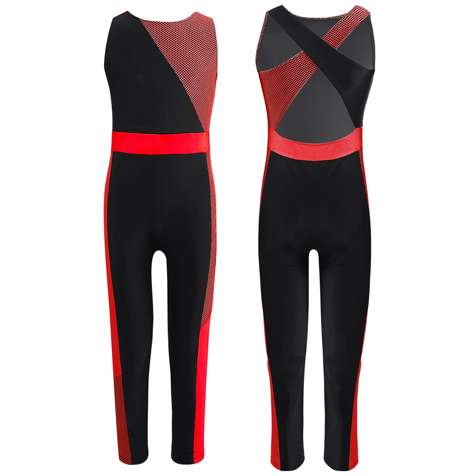 

Kids Girls Gymnastics Acrobatics Jumpsuit Ballet Dance Yoga Workout Stage Performance Costume Sleeveless Color Block Bodysuit