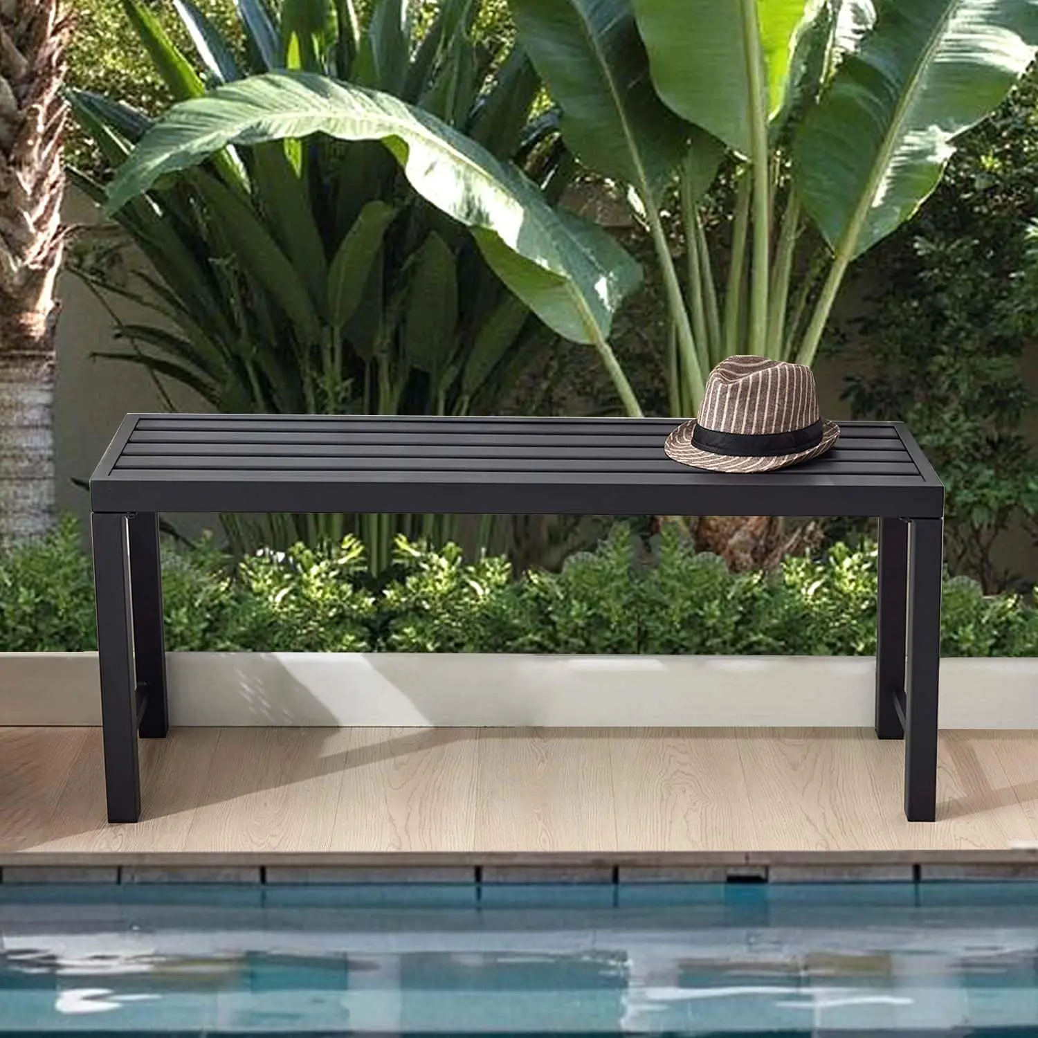 Black Outdoor Backless Bench for Garden, Metal Outdoor Bench Weatherproof, Patio Benches for Outdoors, Benches Seat for Backyard