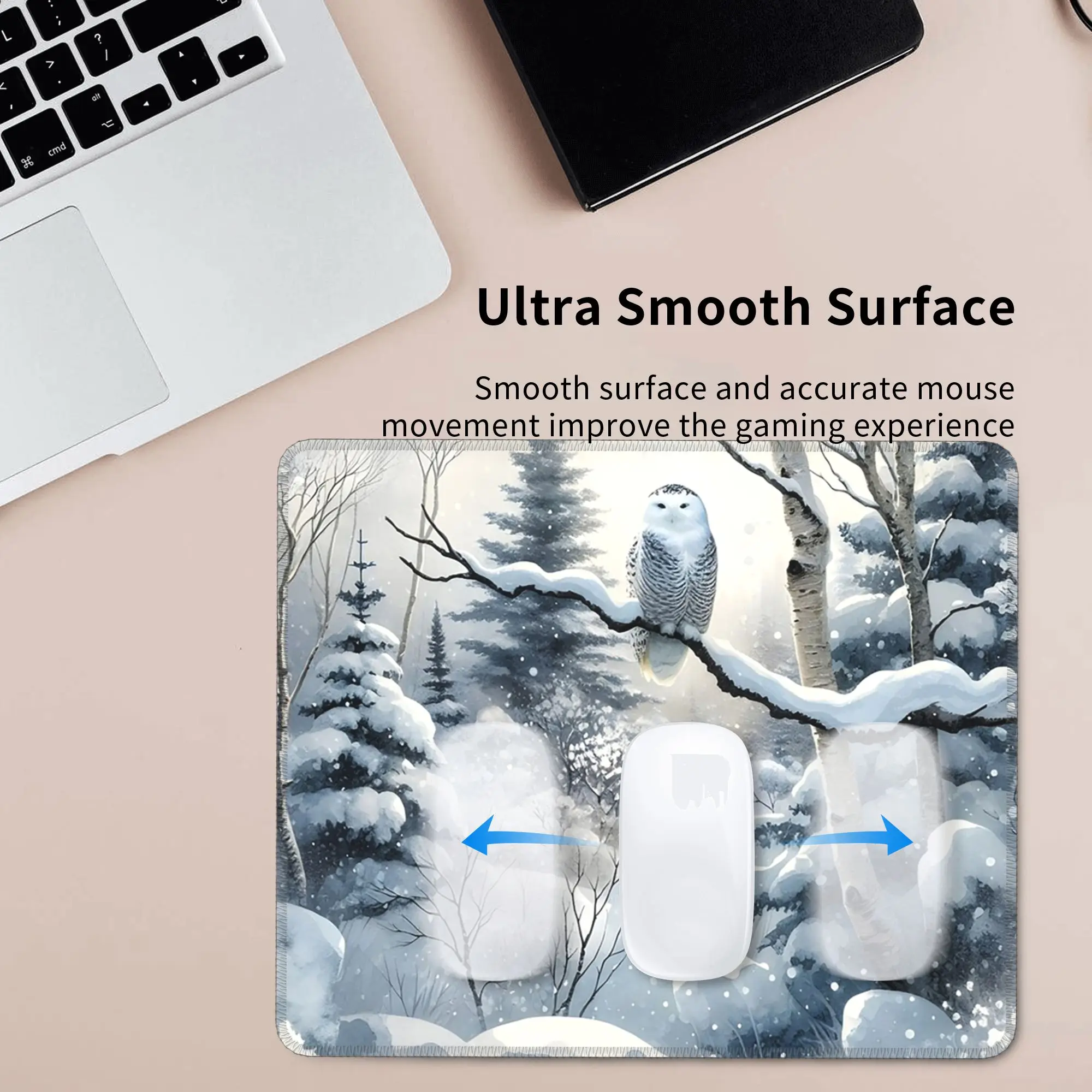 White Owl On Snow Covered Branches Mouse Pad Computer Keyboard Mouse Mat Gaming PC Laptop Desk Mat Office Accessories Table Mats