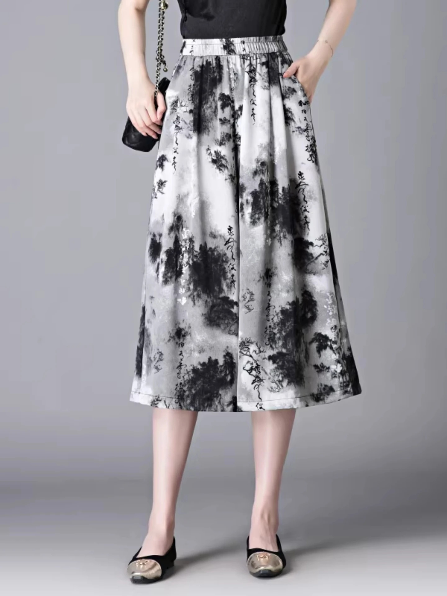 

High Waist Wide Leg Pants Women's Summer Cool Feeling Ice Silk Printed Casual Loose Fit Pants Straight Cut Trousers