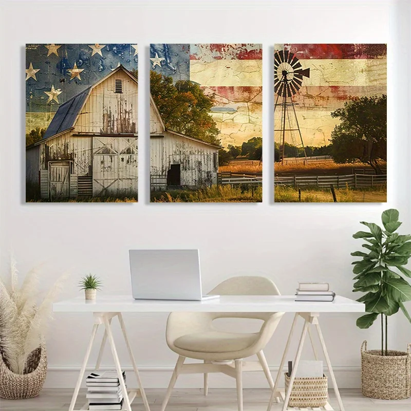 2D flat 3 piece packaging canvas painting- barn, windmill, flag room decor-wall decor-bathroom decor and accessories-home dec