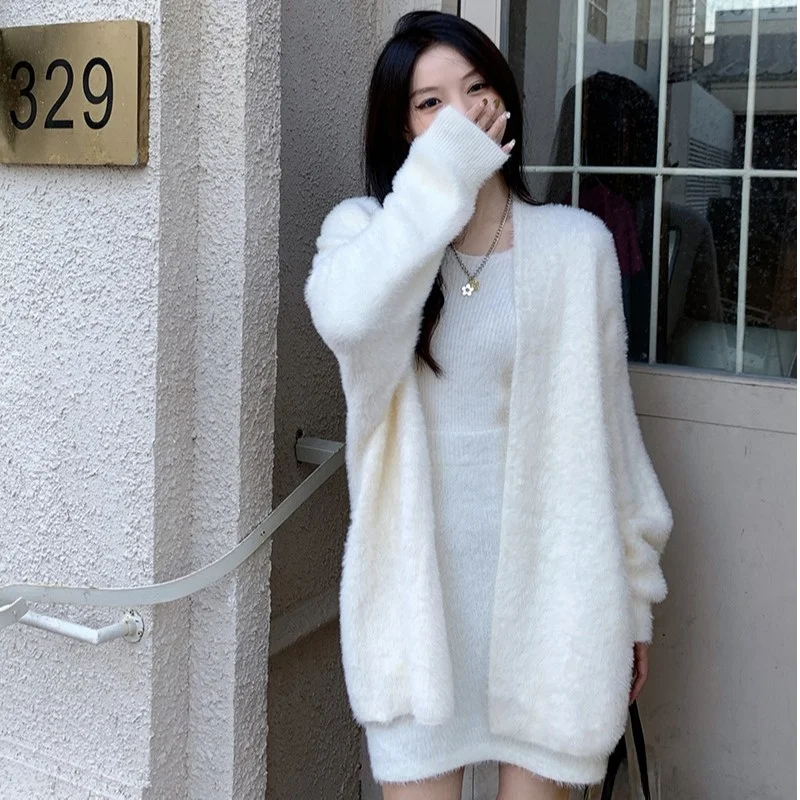 Feminino chique solto emagrecimento pele macia vison camisola de malha casaco longo sve meados de comprimento cardigan suave sle inverno outerwear