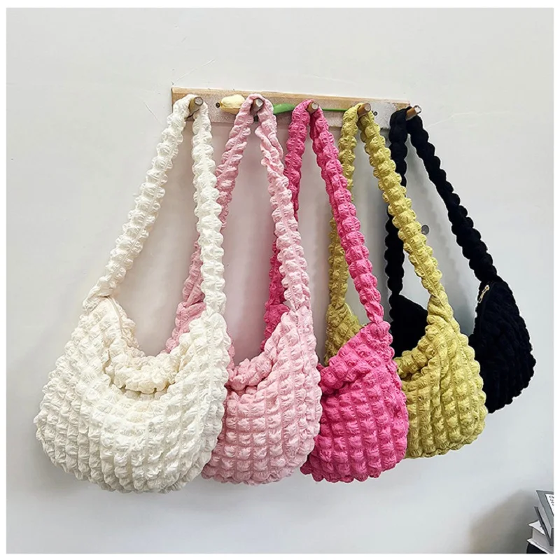 Plaid Quilted Shoulder Bag Cute Pleated Bubbles Large Capacity Underarm Bag Embroidered Solid Color Crossbody Bag Women