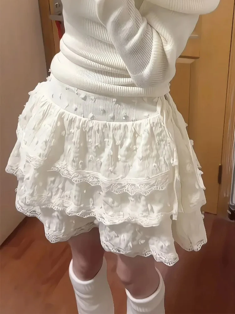 

Jmprs Sweet Korean Cake Skirts Women Chic High Waist Lace Patchwork Mini Skirt Casual Elegant Female Fashion A Line Dance Skirt