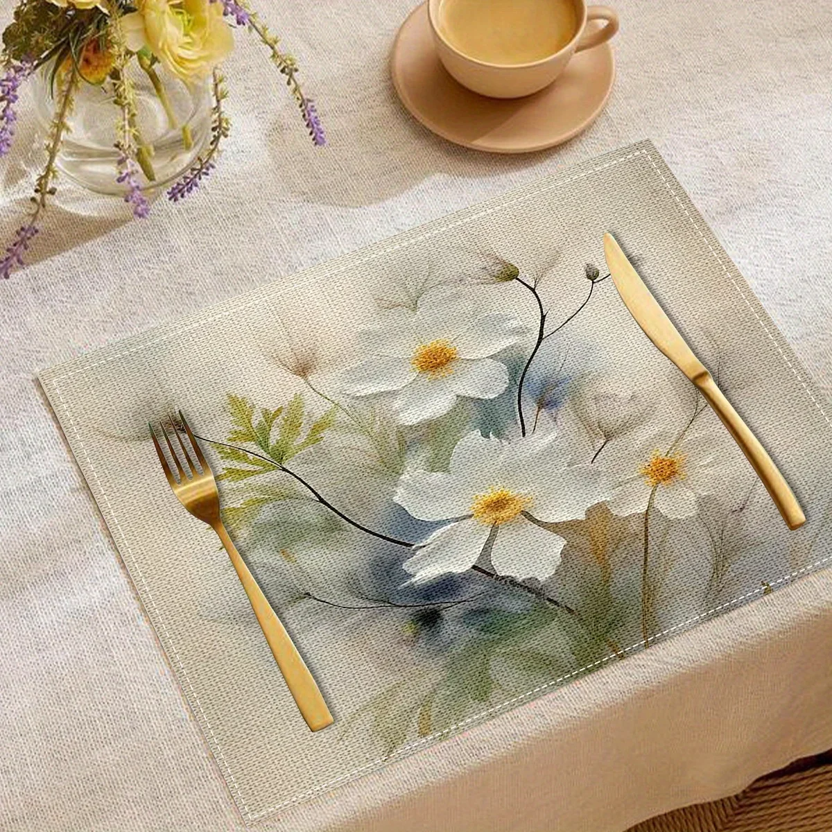

1PC Elegant White Floral Table Mats - , Machine Washable, Ideal for Holiday Parties, Birthdays, and Home Decor,