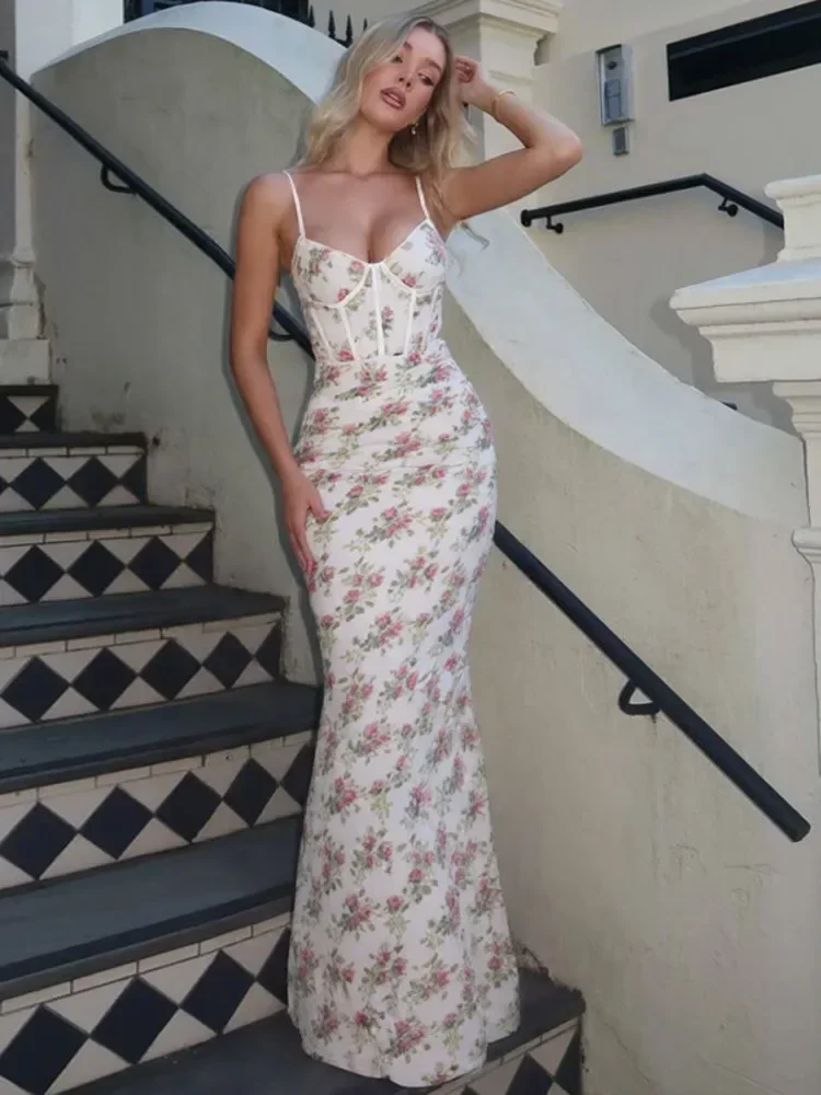 Chaxiaoa สปาเก็ตตี้พิมพ์ชุด Maxi เซ็กซี่ผู้หญิงชุดแฟชั่นดอกไม้พิมพ์แขนกุด Backless Club Party ชุดยาว