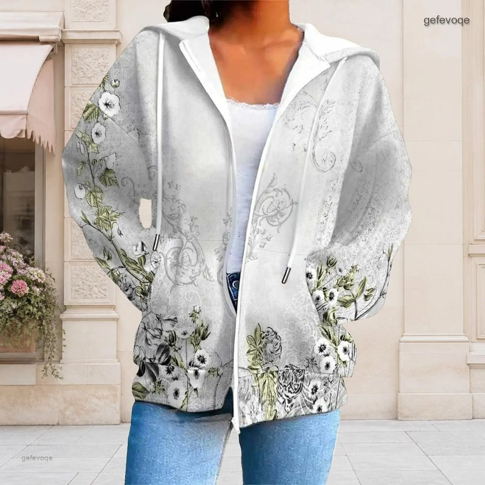 Women Neon Blue Green Smoke Printed Zip Up Long Sleeve Hoodie