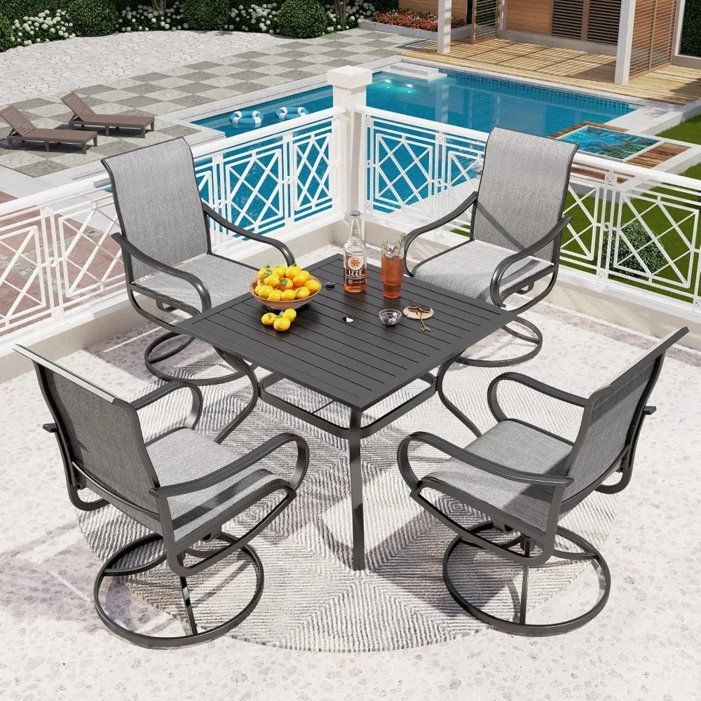

5 PCS Patio Dining Set with Outdoor Swivel Dining Chairs (Gray) and 37"x 37" Metal Steel Dining Table, All Weather, Customized