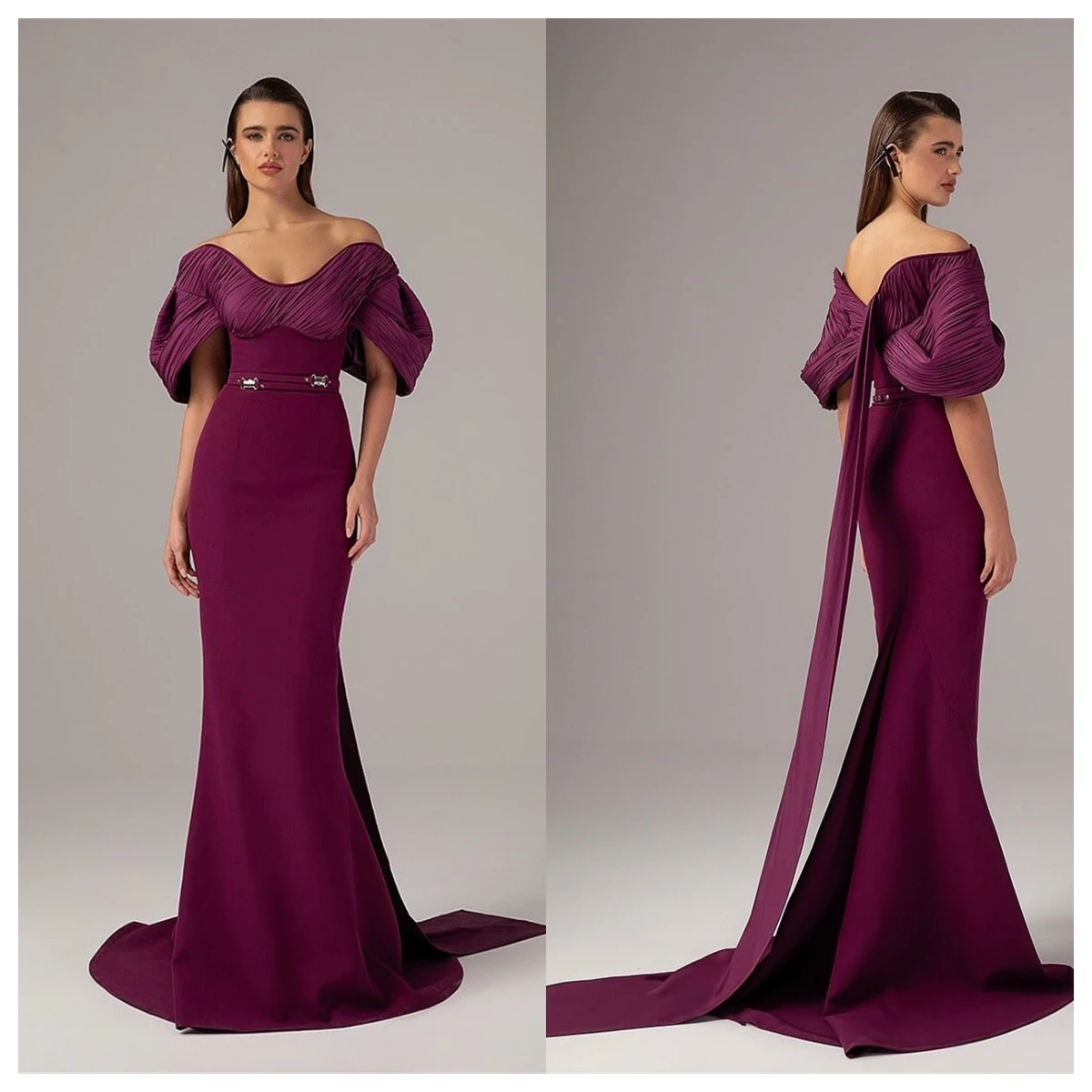 Customized Graceful Fuchsia Jersey Evening Dress Boat Neck Off the Shoulder Short Sleeves Celebrity Gowns Special Occasion Gowns image 3