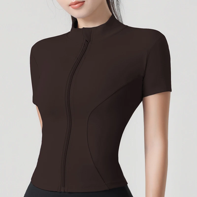 Woman yoga Jacket High Elastic Yoga Short Sleeve Coat Stand Collar Tight Sports Coat Naked Fitness Short Sleeve Female image 5