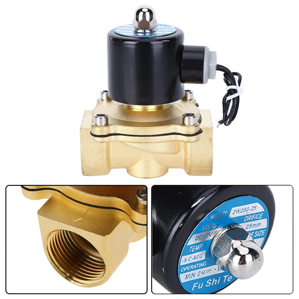 Elektrozawór 12V, 1 cal, mosiężny, 2-drogowy, 2-pozycyjny, elektromagnetyczny zawór powietrza, normalnie zamknięty, zawór elektromagnetyczny.