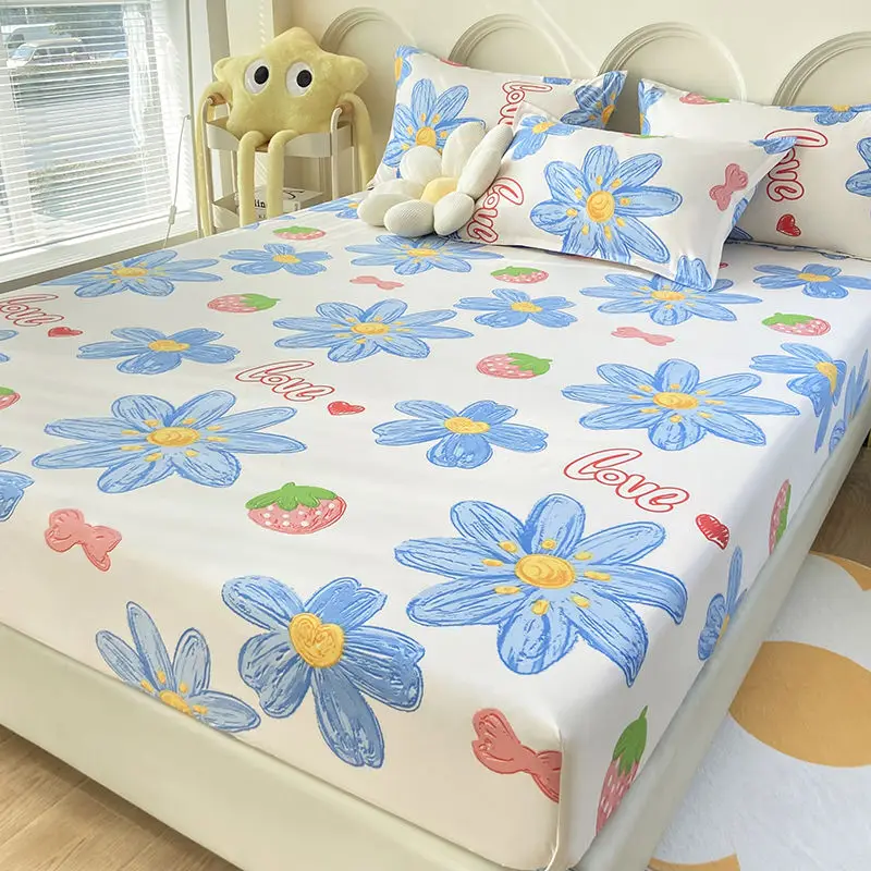 

Elastic Fitted Sheet Anti-slip Queen Floral Double Single Mattress Cover Full Size Bedspread Protector Polyester（No pillowcase）