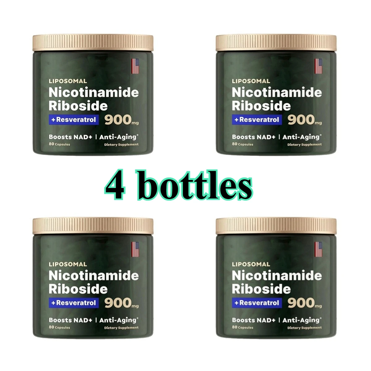 

4 Bottles NAD+ Supplement Capsules - Liposomal Nicotinamide Riboside Capsules 900mg With Resveratrol 80pcs/Bottle