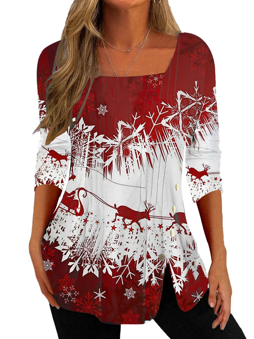 Plus Size Women Long Sleeve U-neck Printed Graphic Tops