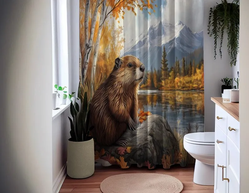 Charming Beaver Shower Curtain, Waterproof Fabric Bath Curtain, Bathroom Decor, Autumn Mountain Scene, Nature Themed Curtain