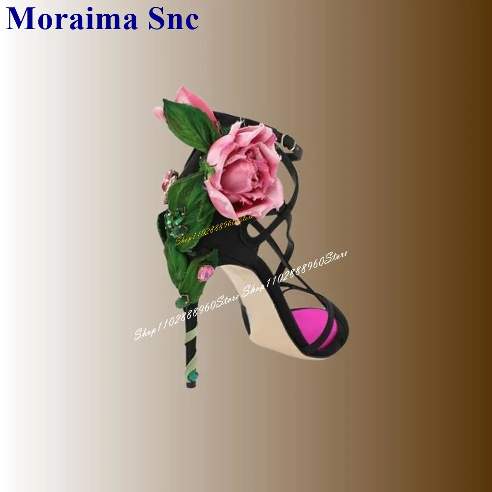 Stylish Floral Black Rose Decor Sandals Thin High Heel Women Shoes Ankle Buckle Strap Open Toe 2024 Fashion Zapatos Para Mujere