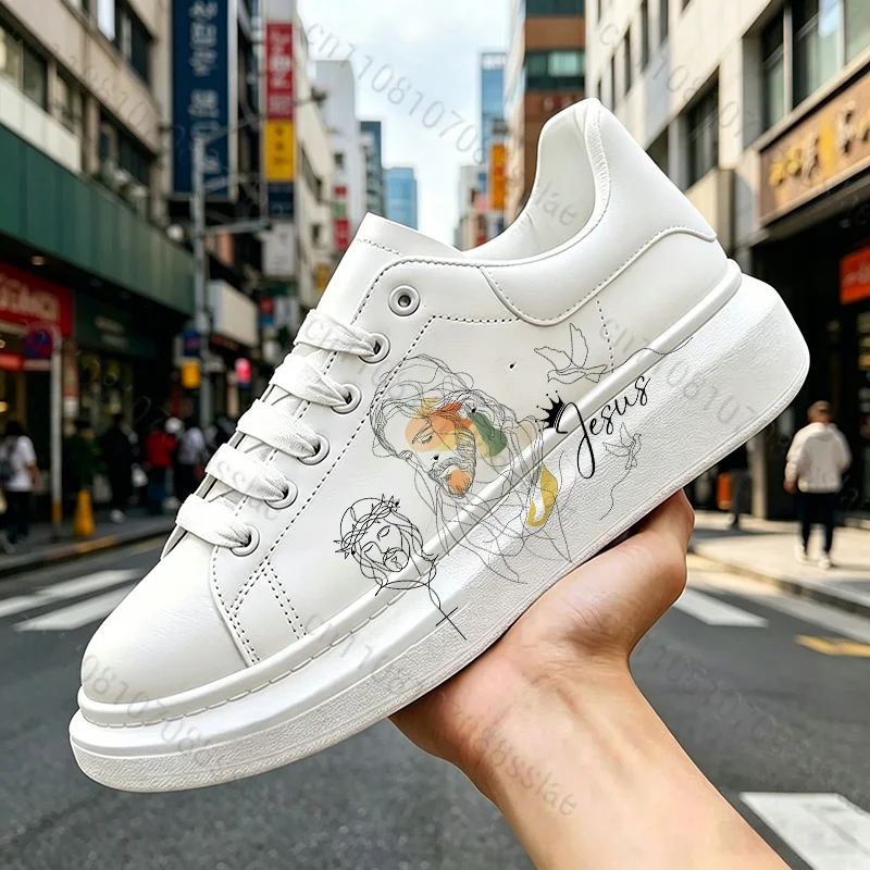 Size 35-44 Adult Unisex Shoes Jesus Lines Graffiti Street Personalized Outdoor Walking Shoes Trend Lace Up White Series Shoes