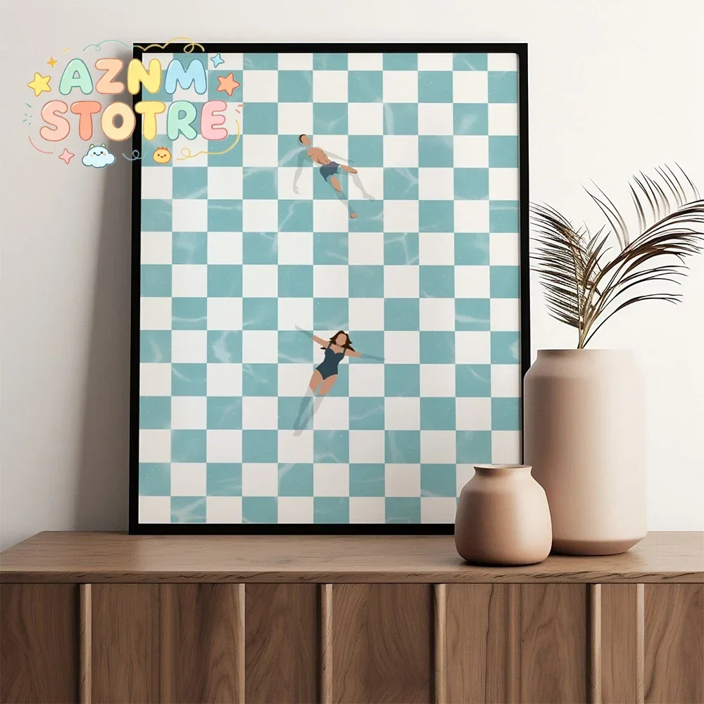 Modern Trendy Retro People At Pool Checker Board Prints Canvas Painting Poster Picture For Kitchen Living Room Home Decor