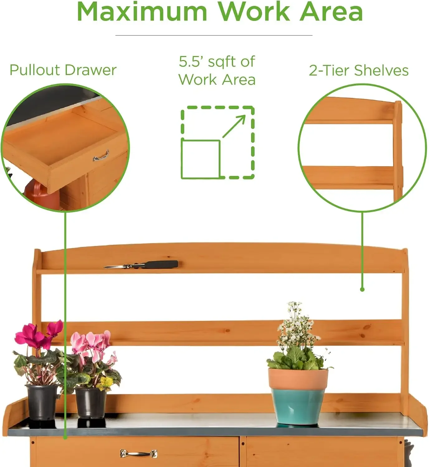 Outdoor Garden Wooden Potting Bench Work Station w/Metal Table Top, Pre-Stained Finish, Cabinet, Sliding Drawer, Large Bottom