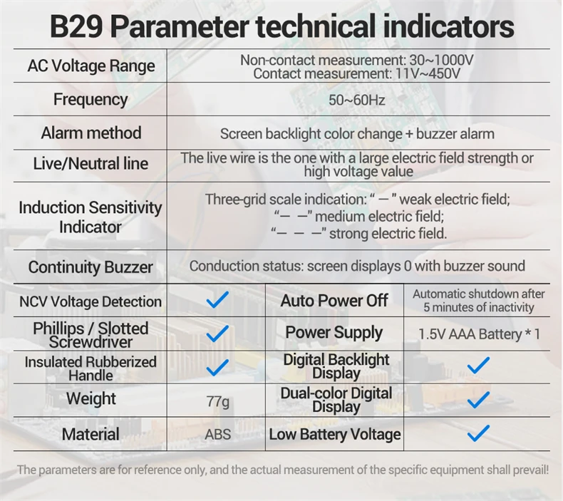 Spannungsprüfer Elektrischer Teststift NCV Schraubendreher ANENG B29 30-1000V AC Detektor Doppelte Hintergrundbeleuchtung Summer Automatische Abschaltung Isolierter Tester – Detail 12