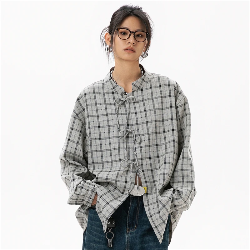 Stylish Women\'s Blouse Women Gray Plaid Shirts Korean Style Women\'s Clothing Long Sleeve Female Elegant Blouses for Lady Clothes