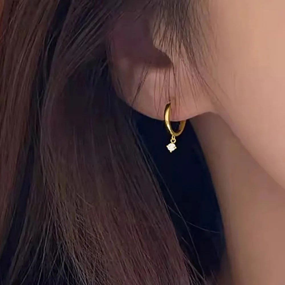 Simple Fashion Gold Color Inlaid Round 5A Zircon Geometric Dangle Earrings for Women Stainless Steel Hoop Earrings Jewelry Gift