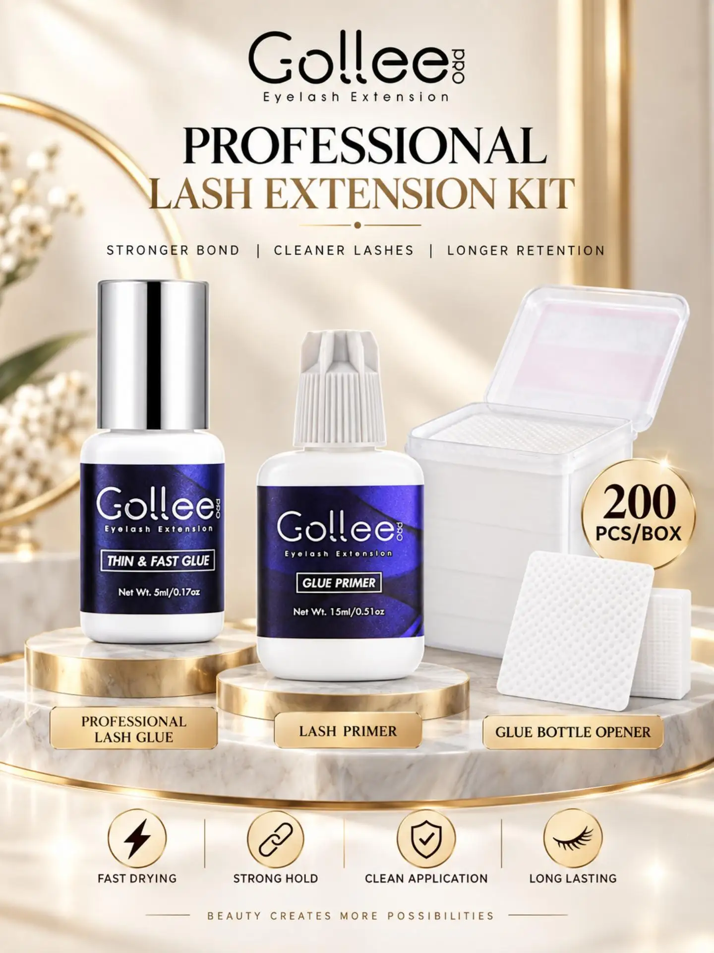 Gollee Eyelash Extension Glue Kit Lash Primer 3-in-1 Thin Fast Drying 5ml Glue 15ml Primer 200pcs Wipes Lash Tech Salon Set