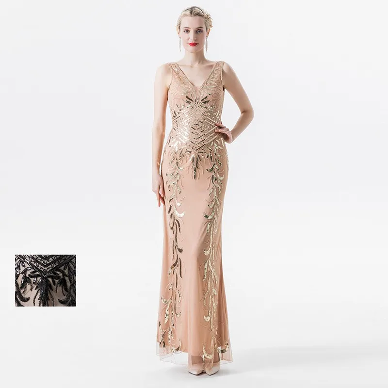 A woman's elegant long fishtail dress with double-neck sequined vest