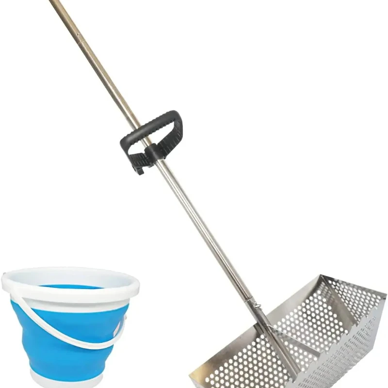 Sand Fleas Rake, Stainless Steel Sand Sifter,Detachable 47 In Long,Collapsible Beach Screen,Sand Crab Catcher with Foldable Pail