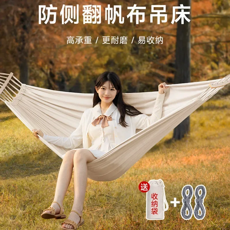 Anti Roll Double Single Outdoor Hammock Canvas Swing with Curved Wood Frame Camping Garden Bed Heavy Duty Portable Design