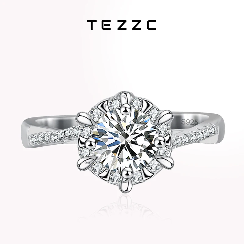 Tezzc 1CT Moissanite Diamond Rings Wedding Band for Women S925 Sterling Silver Classic Engagement Jewelry With GRA Sertificate