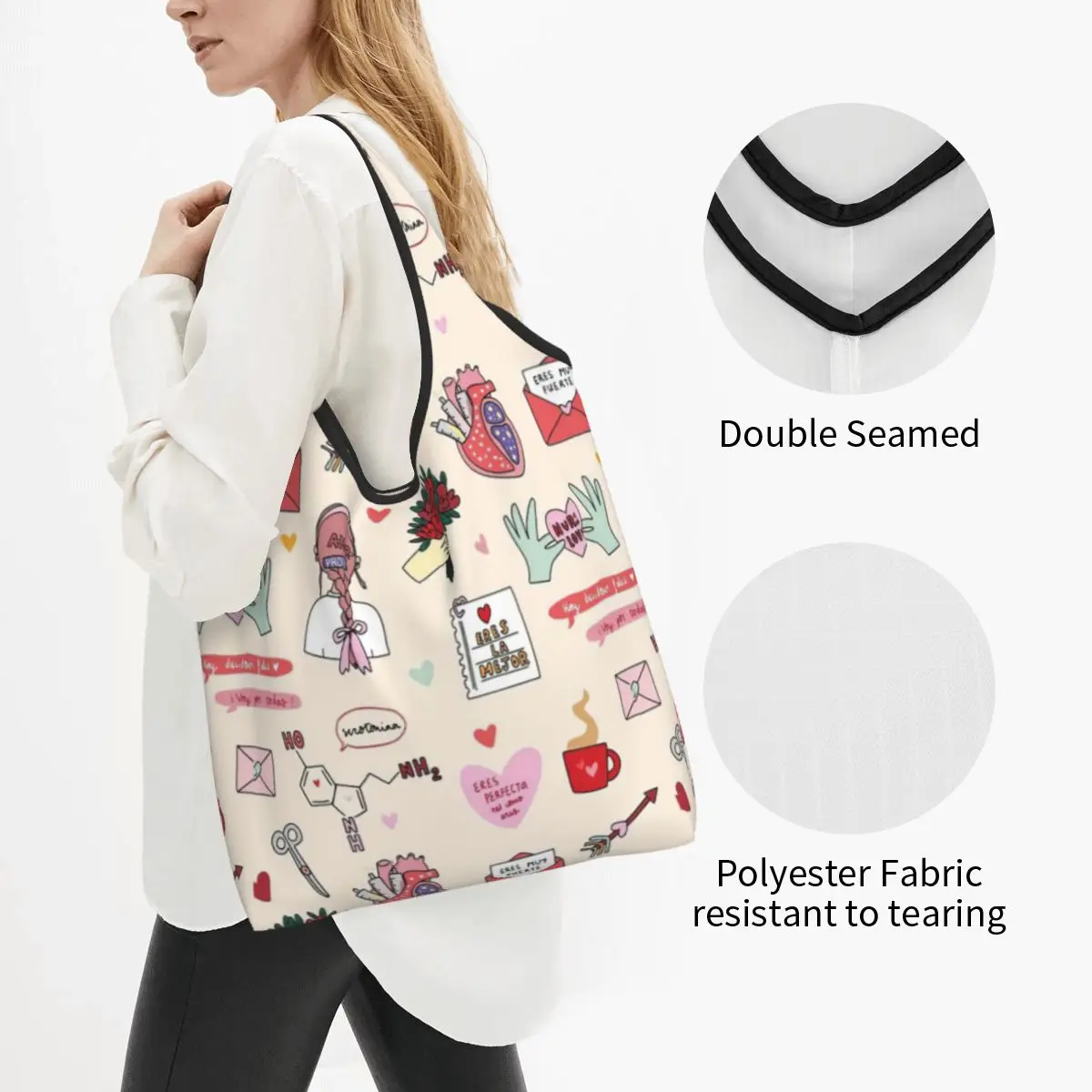 Enfermera En Apuros Nurse Medical Doctor Shopping Bag Reusable Grocery Eco Bags Large Capacity Recycling Bags Washable Handbag