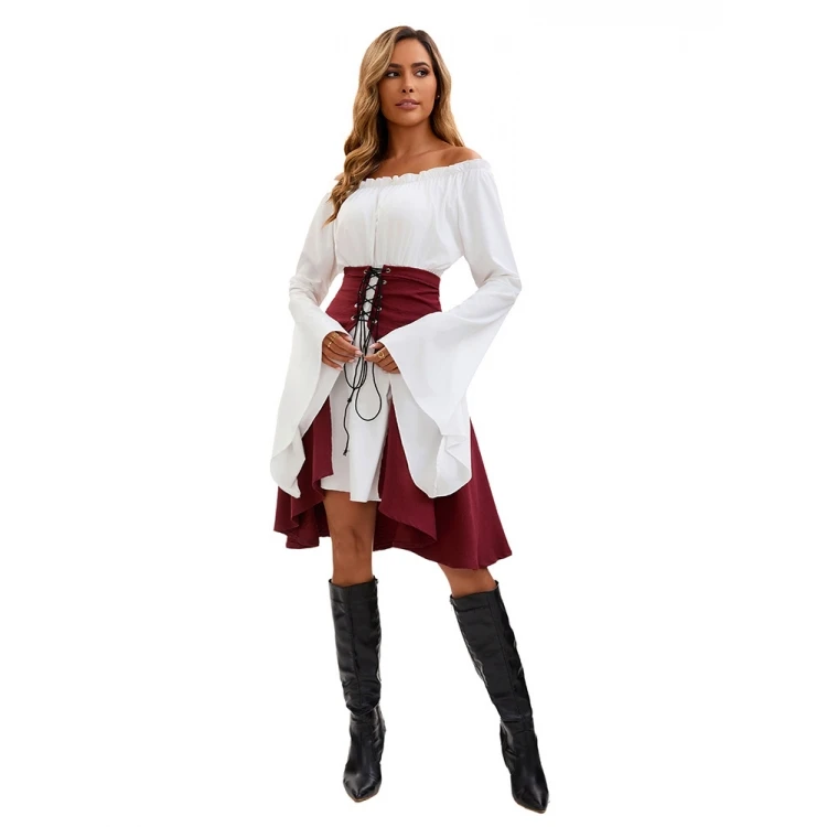 Długi damski top w stylu pirackim z marszczeniem w talii, idealny na cosplay, występy sceniczne, Halloween, średniowieczne i renesansowe tematyki.