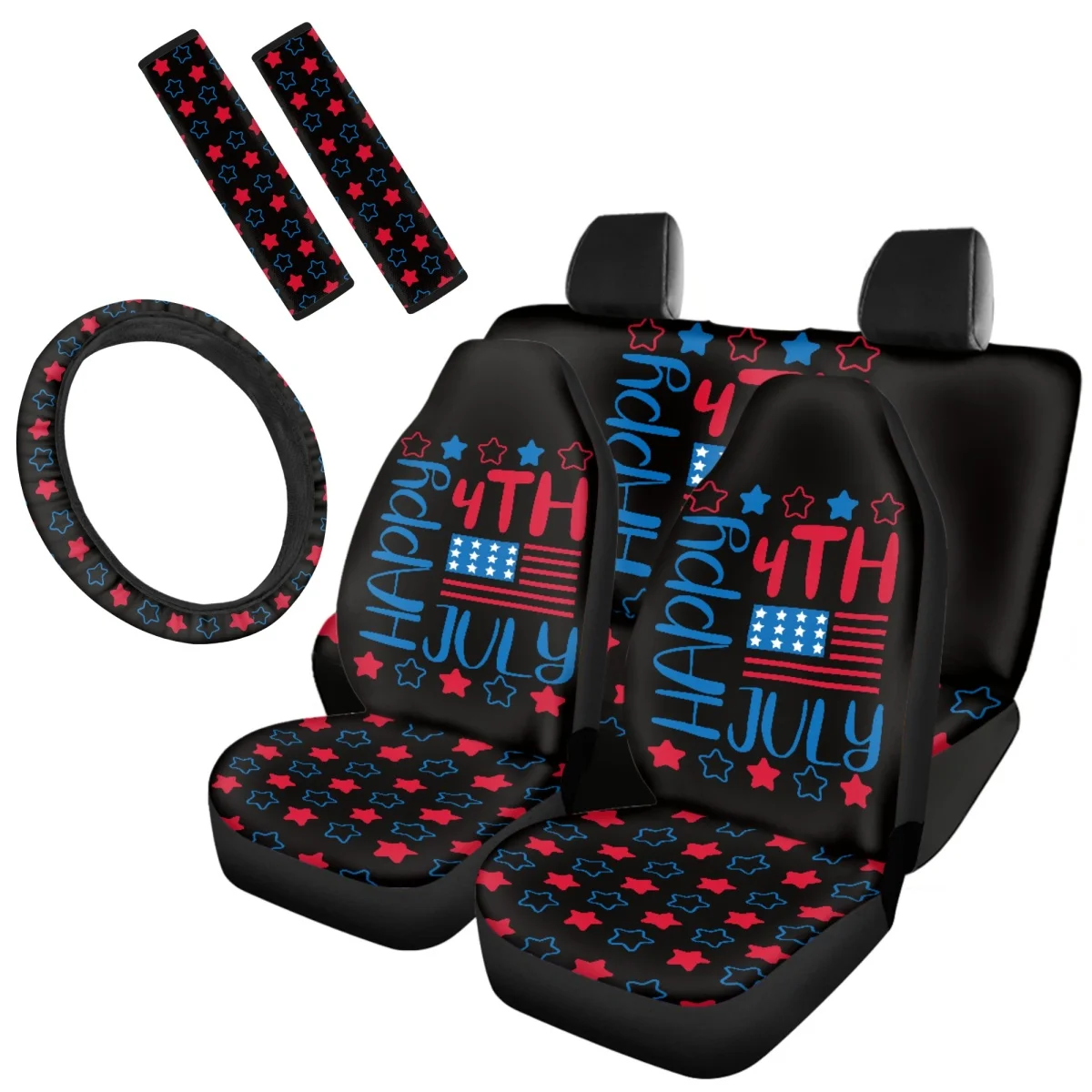 

US Flag Print Car Seat Cover Full Set For Men Ladies Patriotic Steering Wheel Cover American Independence Day Seat Belt Covers