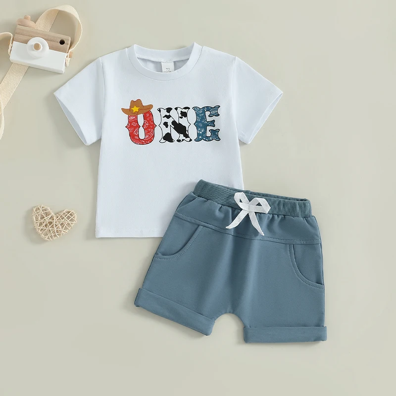 Toddler Cowboy Theme Party Outfit Graphic Tee and Denim Shorts Set for Little Boys Wild West Birthday Celebration