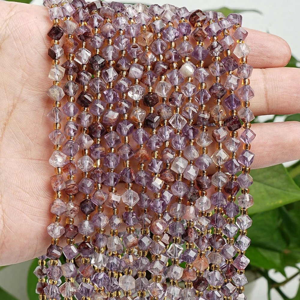 Natural Lodolite Quartz Beads Strands AA Purple-Yellow Diagonal Cube Loose Spacer Beads For Jewelry Making 6mm Bracelet Handmade