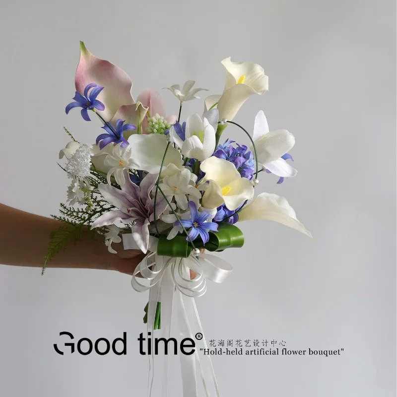 

Розово-сине-белый искусственный букет тюльпанов и калл для свадебной церемонии, фотосессии, декора интерьера, цветочная композиция