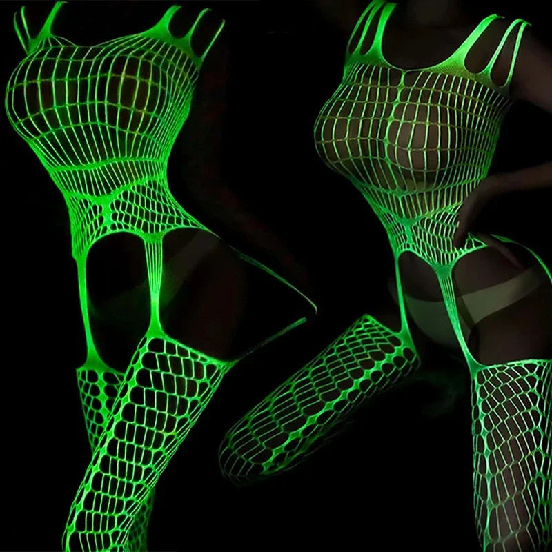 جديد Noctilucent الورك التفاف فستان مثير المرأة الملابس الداخلية Crotchless الجسم الدعاوى الملابس الداخلية بيبي دول شبكة صيد السمك مضيئة المثيرة ازياء