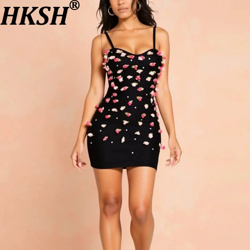 

HKSH Summer New Women's Ins Chic Sexy Hot Fashion Three-dimensional Flower Studded Diamonds Sleeveless Strap Mini Dresses HK7594