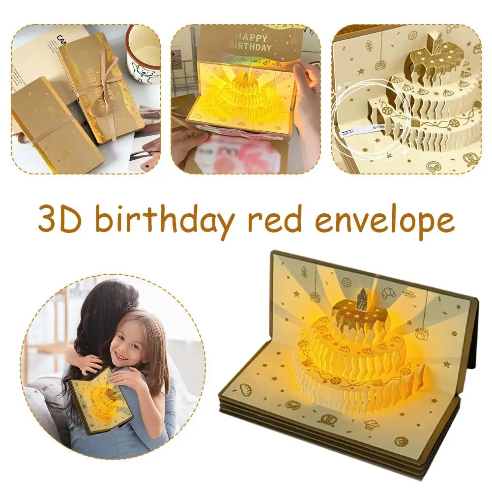 بطاقة عيد ميلاد خفيفة للموسيقى ثلاثية الأبعاد، بطاقة تهنئة كعكة منبثقة إبداعية، بطاقة رسالة هدية لحفلات أعياد الميلاد مع مغلف