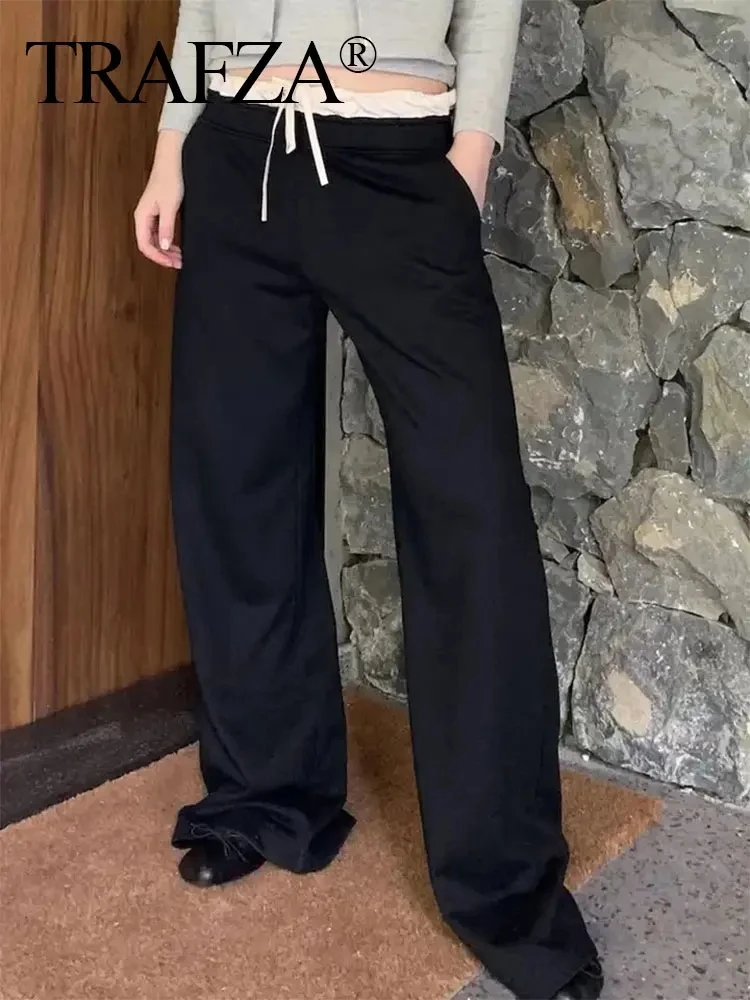 TRAFZA 2024 New Fashion Woman Casual Trousers Patchwork Loose Women\'s High Waist Long Pants Commute Female Chic Wide Leg Pant