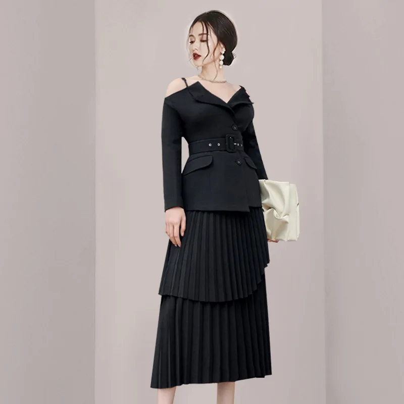 ARTIE | 2pcs Set Split Belt Waist V-neck Coat Patchwork Pleated Irregular Skirt Suits 2024 Spring New Fashion Women Summer Dress