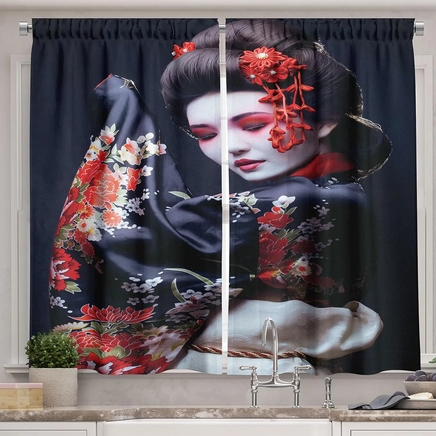 Japanese Geisha Curtains Black Kimono with Red Flowers Traditional Art Design Kitchen Living Room Decor Oriental Asian Window