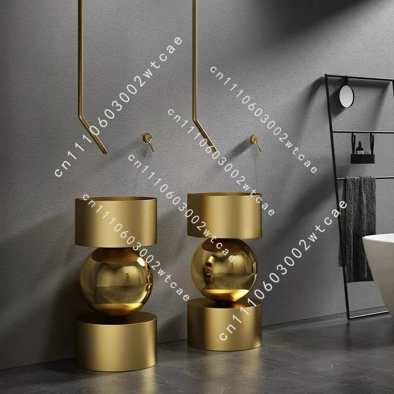 Golden Stainless Steel Pedestal Basin Creative Home Round Bathroom Sinks Integrated Floor Washbasin Nordic Bathroom Accessories