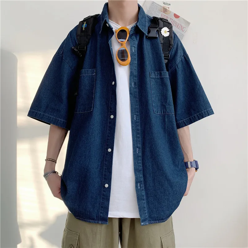 

2023 Denim Short Sleeve Shirts Men Summer Thin Korean Fashion Top Vintage Oversize Baggy Blue Blouses Casual Man Y2K Clothes