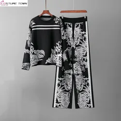 Fashion Women's Set Spring and Autumn New Ink Painting Long Sleeve Hoodie Sweater Loose Wide Leg Pants Knitted Two Piece Set