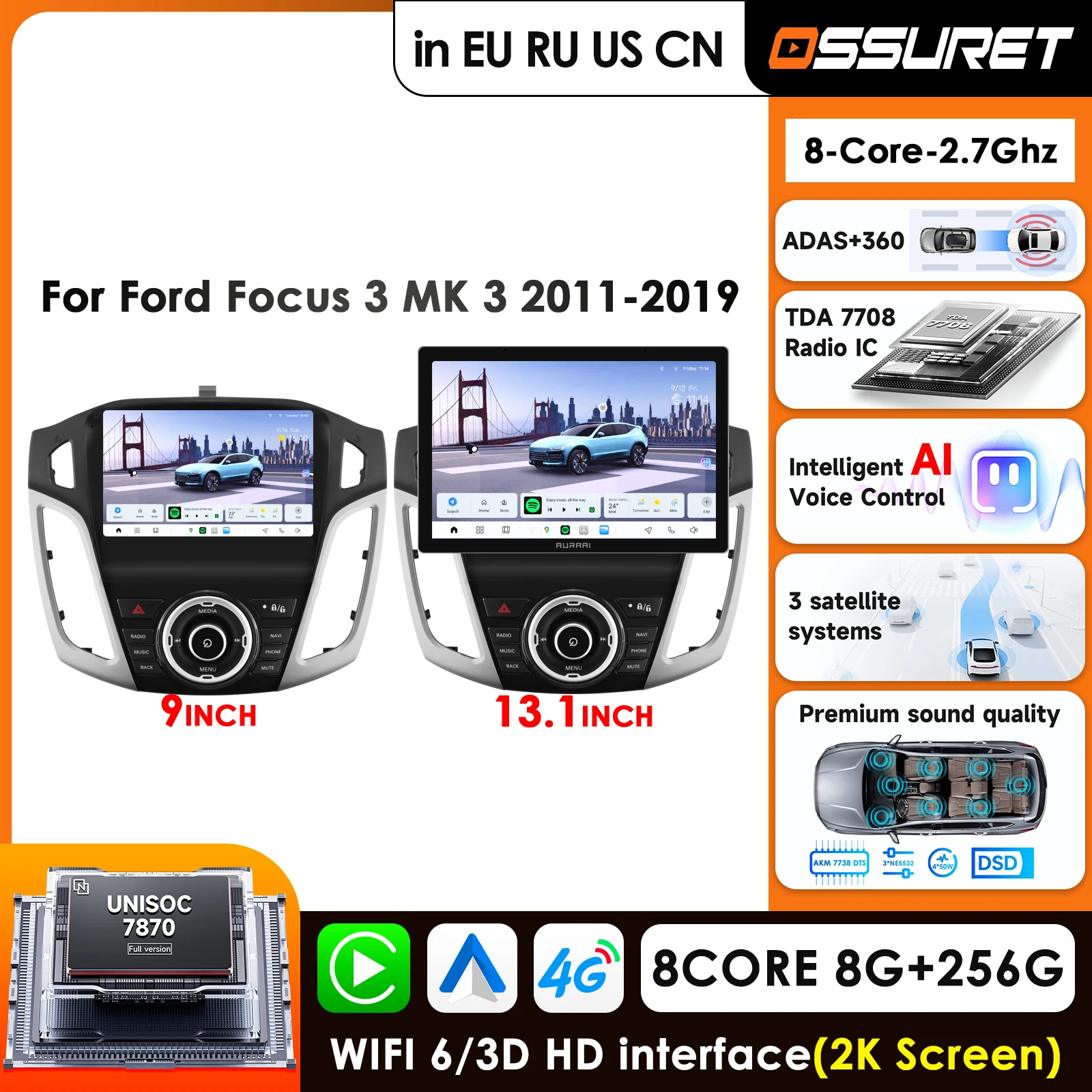 

13.1 inch 2K Screen For Ford Focus 3 MK 3 2011 - 2017 Carplay Android Auto Multimedia Player 4G GPS Navigation QLED 3D Screen FM
