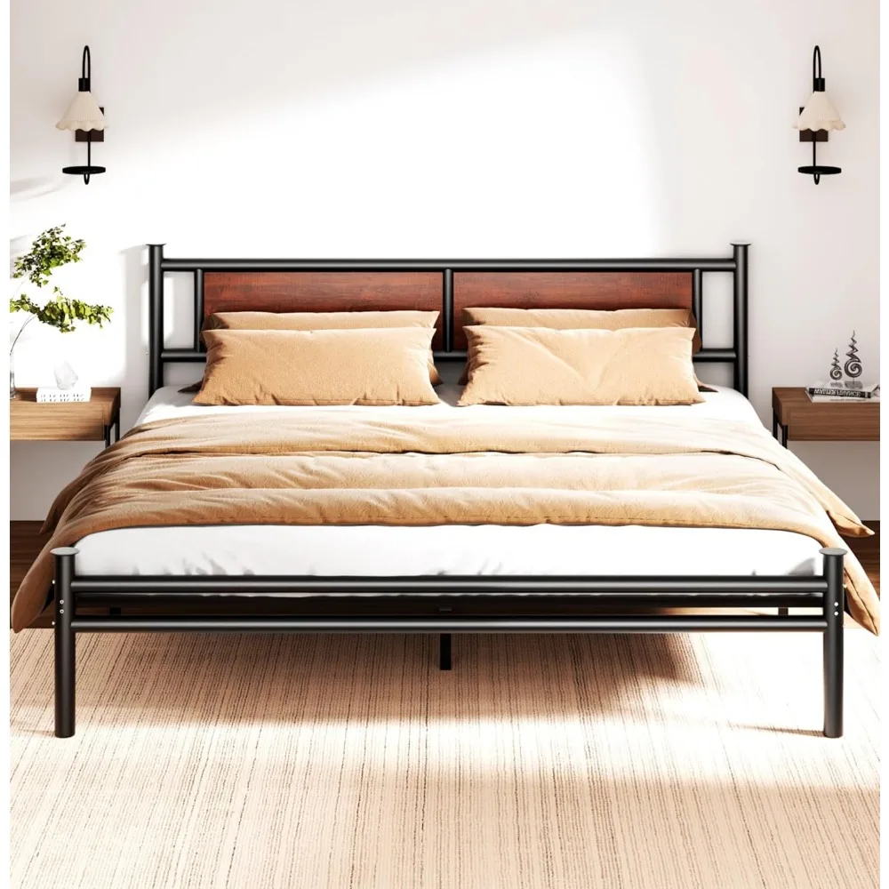 

King Size Bed Frame with Wooden Headboard, Heavy Duty Platform Bed with 12 inches Under Bed Storage, Black Metal Support System,
