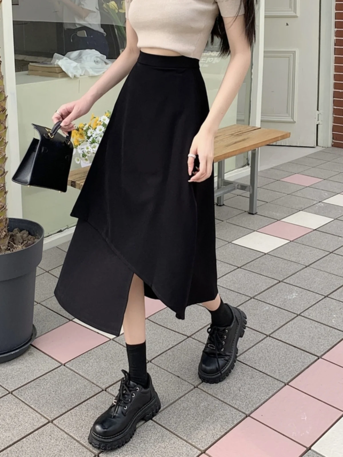 

Asymmetric High Waist A-Line Midi Skirt Suit Women's Summer Fashion plus Size Slimming Korean Style Commute Half-length Skirt
